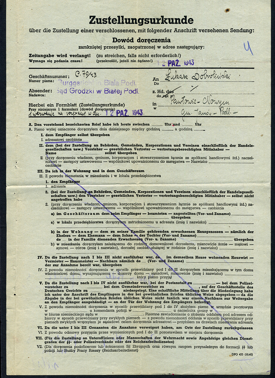 GG - Zustellungsurkunde - Dowód doręczenia Janów Podlaski 1943