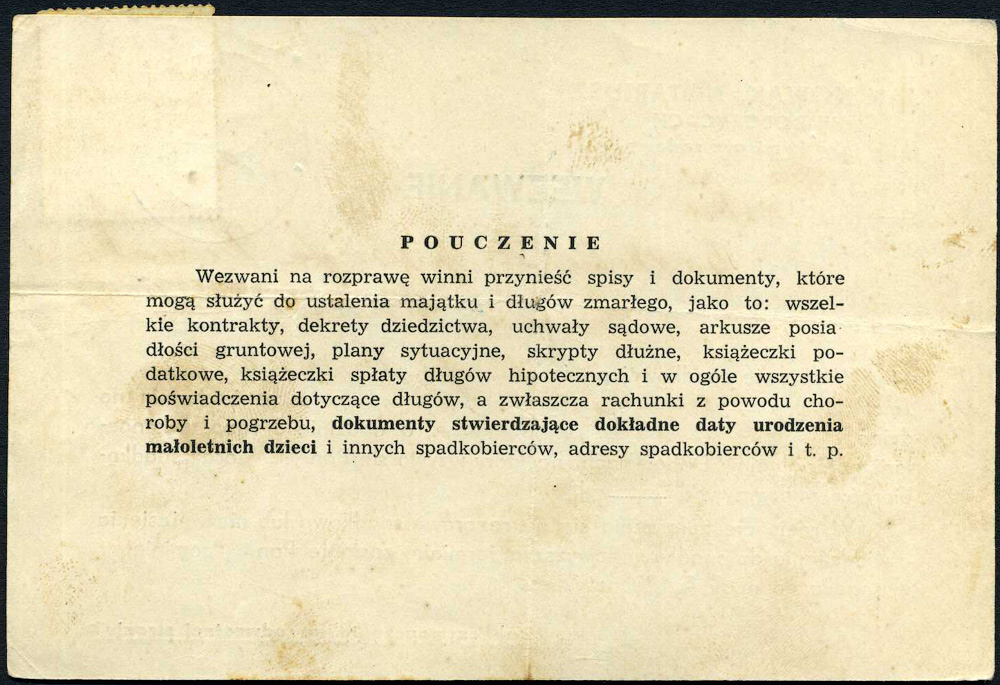 GENERALGOUVERNEMENT - Wezwanie- NOTARIUSZ DOBCZYCE - WIŚNIOWA 1941