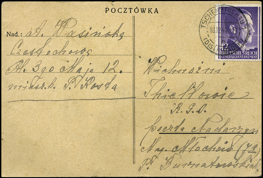GG Postkarte CZĘSTOCHOWA - MŁOCHÓW NADARZYN R.G.O. XII 1944