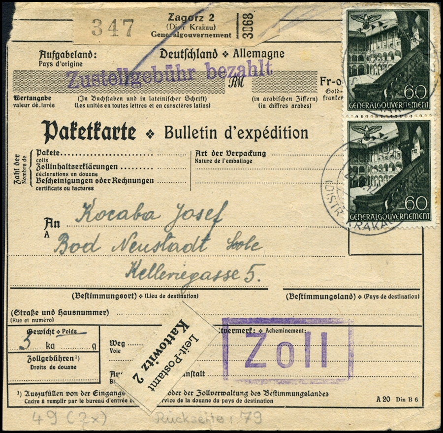 GG - PAKETKARTE - Adres pomocniczy ZAGÓRZ - BAD NEUSTADT Zoll 1942