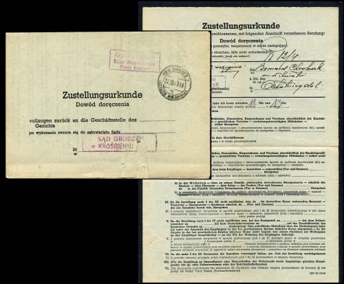 GG - Zustellungsurkunde - Dowód doręczenia OCHOTNICA uber NEU SANDEZ 1942