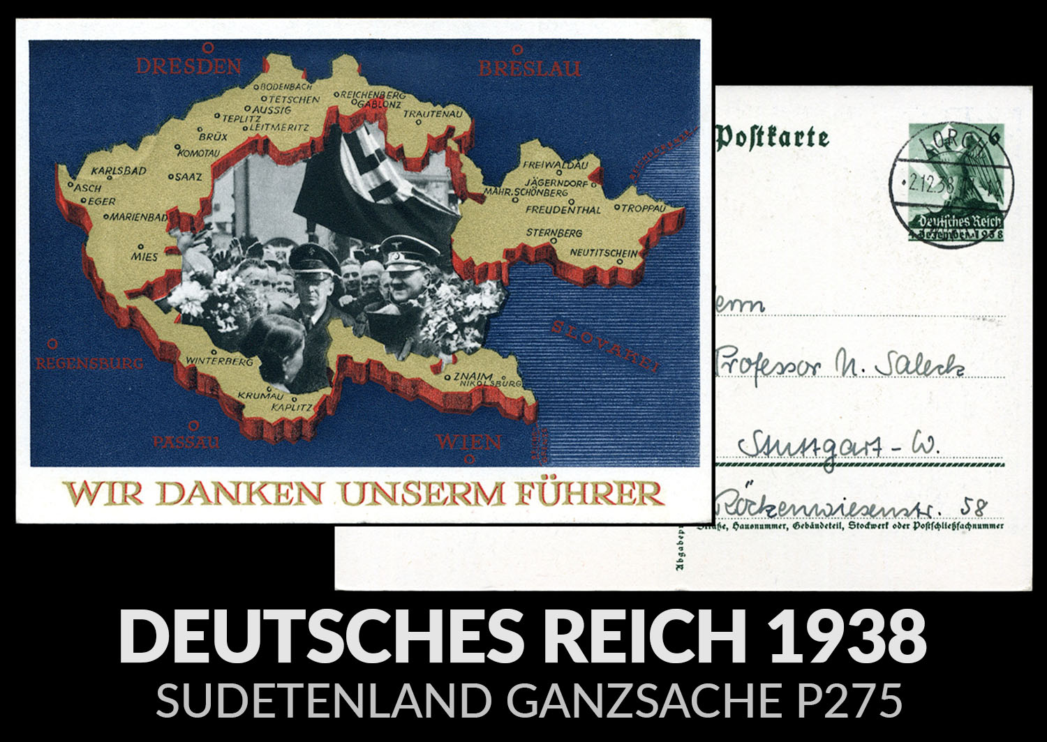 III Rzesza - Zajęcie Kraju Sudeckiego, Sudetenland Ganzsache P275 Lorch - Stuttgart 1938