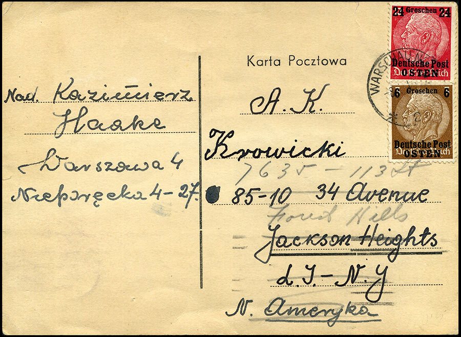 GG postkarte Warszawa - Jackson Heights NEW YORK USA 1940