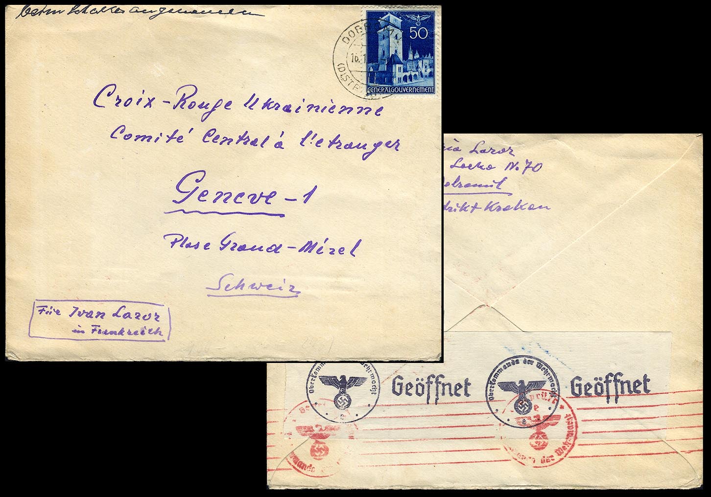 GG list DOBROMIL - GENEVE Schweiz Red Cross/ Czerwony Krzyż CENZURY 1942