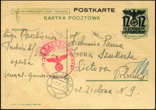 GG - Całostka pocztowa Cp.5 / Ganzsache Tuchów bei Tarnów / Vilnius LIETUVA 1940